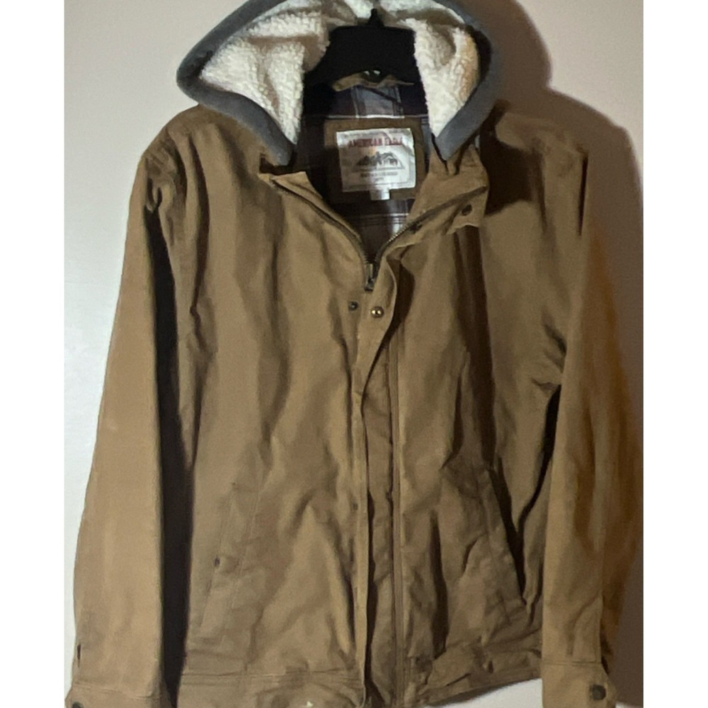 American Eagle Men's Brown Hooded Jacket Medium Button Zip Lined Pockets Outdoor
